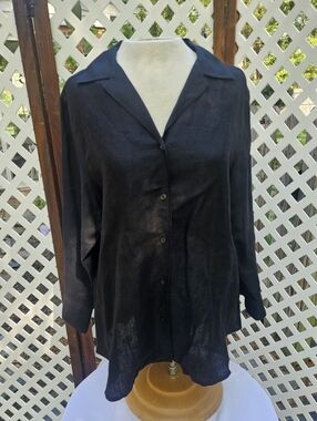 Lauren Ralph Lauren Black Lightweight Long Sleeve 100% Linen Blouse, Medium